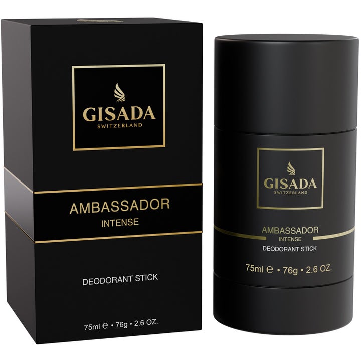 Gisada Ambassador Intense 75ml deodorant stick gir langvarig duft i sort matt hylse med luksuriøse gulldetaljer.