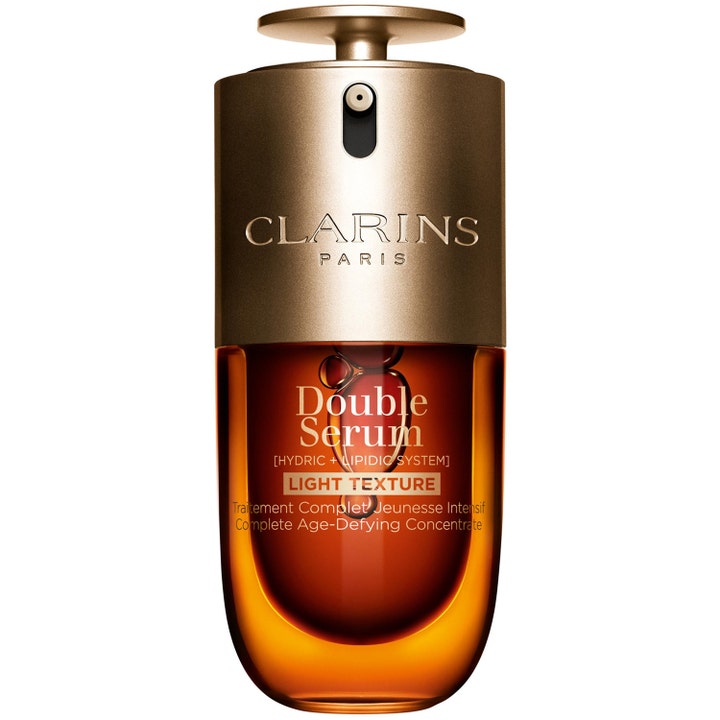 Clarins Double Serum Light Texture 50 ml anti-age serum i en elegant pumpeflaske av bronse og glass.
