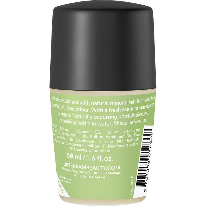 Urtekram Crystal Deo Aloe Vera 50 ml roll-on deodorant i hvit og lysegrønn flaske med svart kork