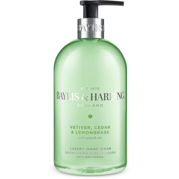 Baylis & Harding Vetiver, Cedar & Lemongrass 500 ml håndsåpe i grønn flaske med sølvfarget pumpe