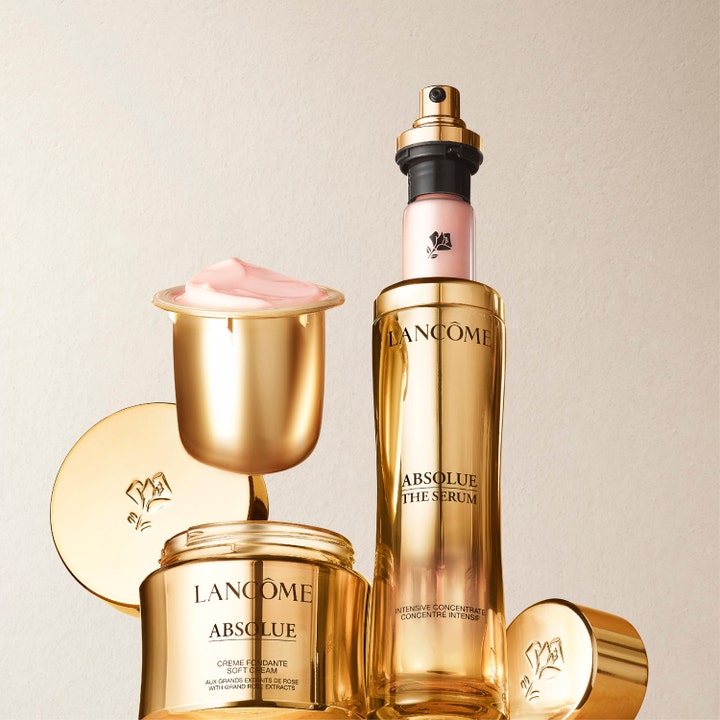 Lancôme Absolue The Serum 30 ml hudpleiesett med luksuriøse gullbeholdere og rosa kremtekstur