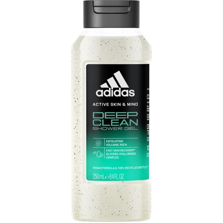 Adidas Active Skin & Mind Deep Clean 250 ml eksfolierende dusjsåpe i klar flaske med synlige mørke korn