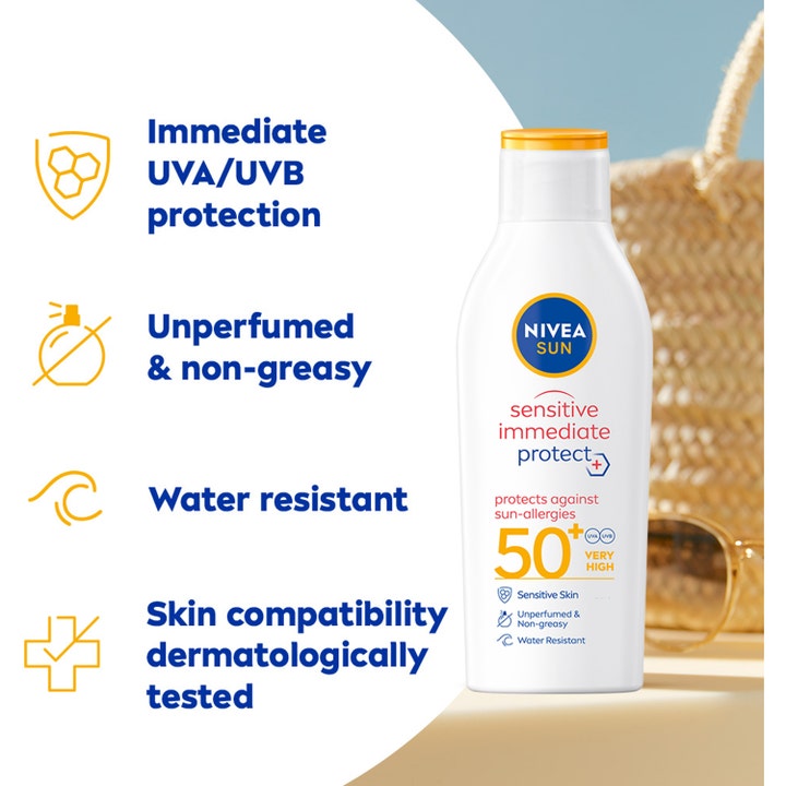 NIVEA Sun Sensitive Immediate Protect 200 ml uparfymert solkrem SPF 50 i hvit flaske med vannresistente egenskaper.