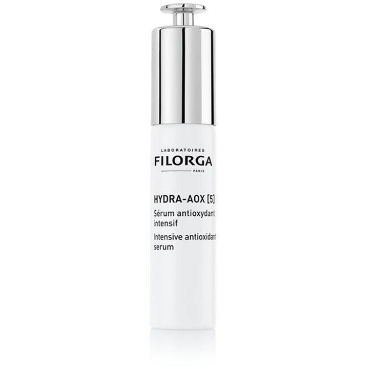 Filorga Hydra-AOX [5] 30ml intensivt antioksidantserum som gir glød i hvit flaske med sølvfarget pumpe