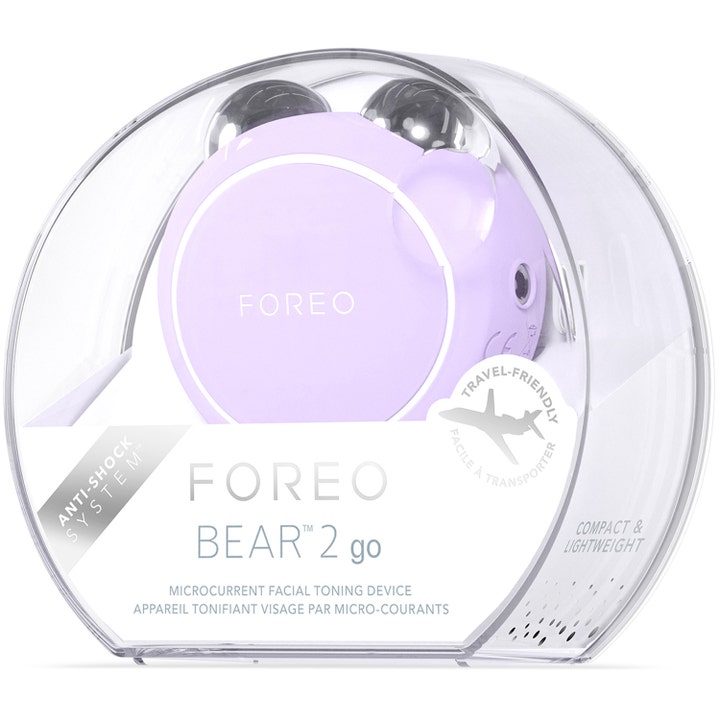 FOREO BEAR 2 go Lavender 1 stk mikrostrømenhet i gjennomsiktig reiseetui for oppstrammende ansiktspleie
