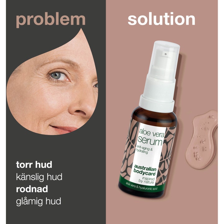 Australian Bodycare Aloe Vera Serum 30 ml fuktighetsgivende serum i brun glassflaske med hvit pumpe mot tørr hud.