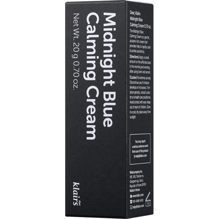 Klairs Midnight Blue Calming Cream 20 g beroligende spot treatment i en svart eske med hvit tekst