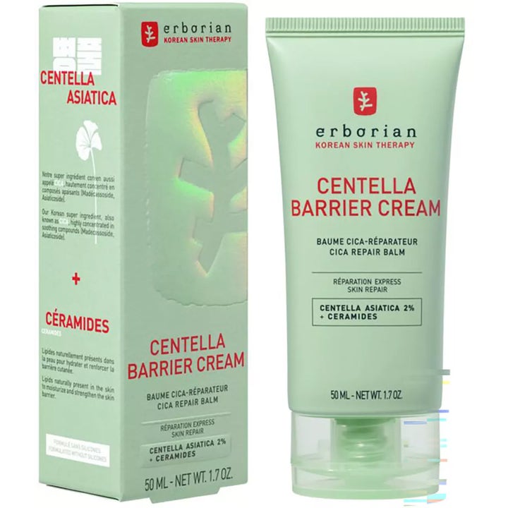 Erborian Centella Barrier Cream 50 ml beroligende ansiktskrem i lys grønn tube og eske med pleiende ceramider