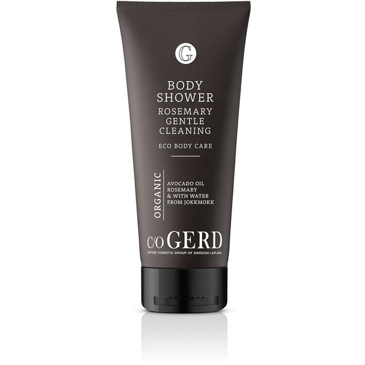 c/o Gerd Body Shower Rosemary økologisk kroppssåpe for skånsom rengjøring i en mørkebrun tube med sort lokk.