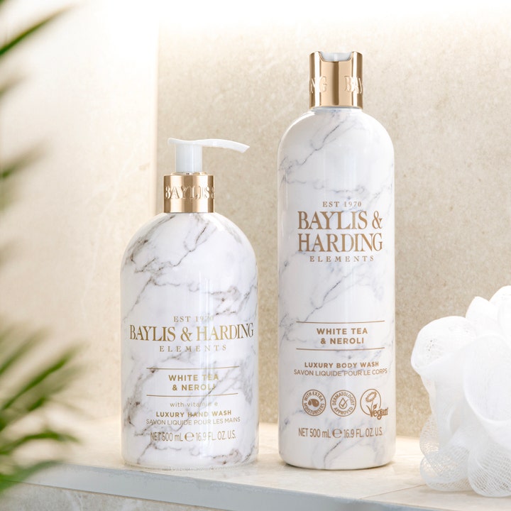 Baylis & Harding Elements White Tea & Neroli 500 ml håndsåpe og dusjsåpe i marmormønstrede flasker med gulldetaljer
