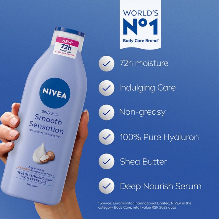 NIVEA Smooth Caring Lotion 250 ml body lotion for tørr hud med sheasmør og hyaluron gir 72 timers fuktighet.