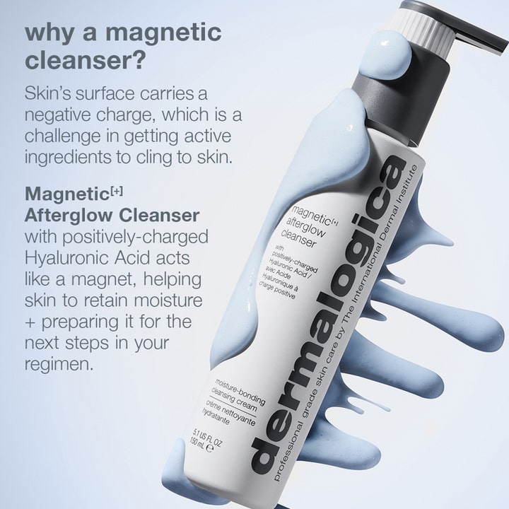 Dermalogica Magnetic Afterglow Cleanser 295 ml ansiktsrens med hyaluronsyre i hvit pumpeflaske og lyseblå krem