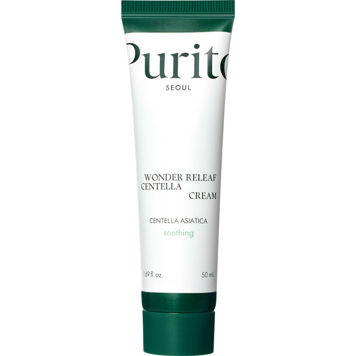 Purito Seoul Wonder Releaf Centella Cream 50 ml beroligende ansiktskrem i hvit tube med mørkegrønn kork