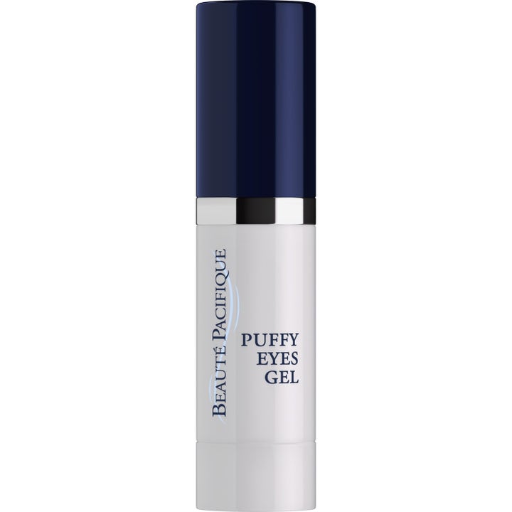 Beauté Pacifique Puffy Eyes Gel 15 ml reduserer hevelser i hvit pumpeflaske med mørkeblått lokk og sølvdetalj