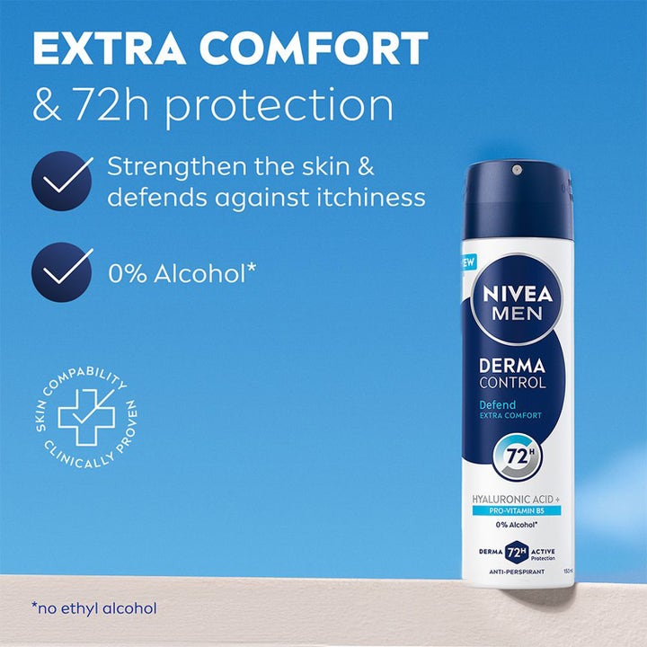 NIVEA MEN Derma Control Defend 150 ml antiperspirant spray som gir 72 timers beskyttelse i blå sprayflaske.