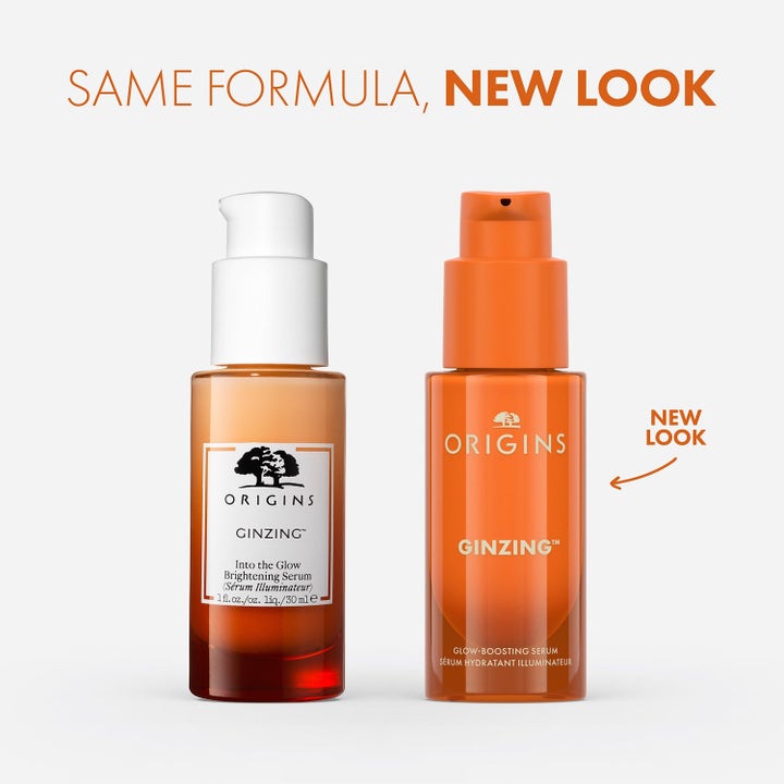 Origins Glow Getter 45 ml glødgivende serum viser gammel og ny oransje flaske med pumpe.
