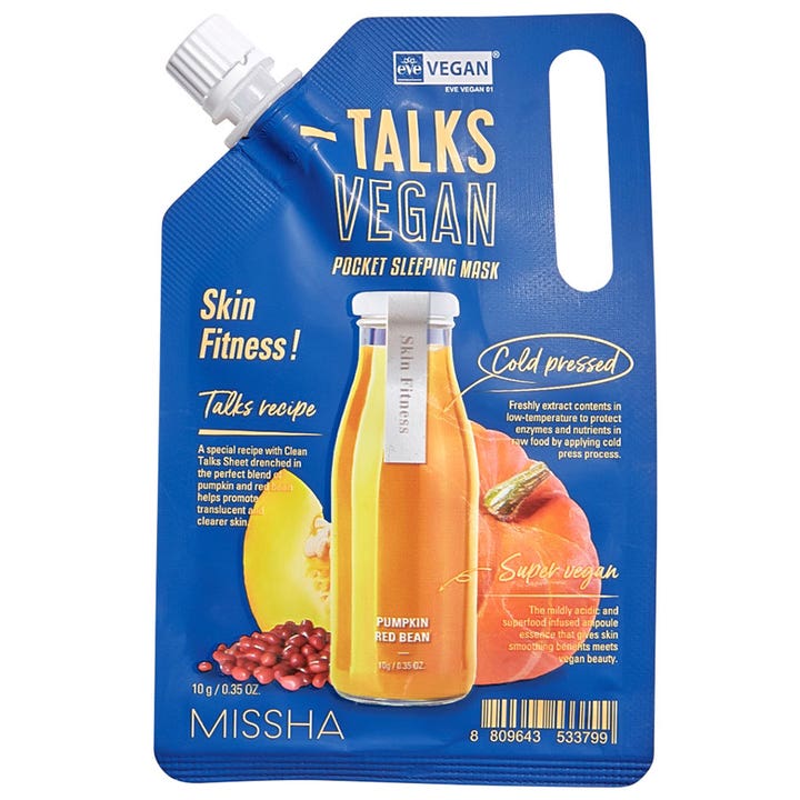 Missha Talks Vegan Pocket Sleeping Mask 10 g ansiktsmaske som gir klarere hud i blå klemmepose med motiv av gresskar