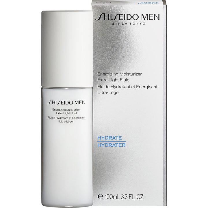 Shiseido Men Energizing Moisturizer Fluid 100 ml energigivende ansiktskrem i hvit pumpeflaske og sølvfarget eske.