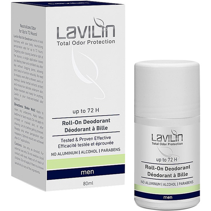Lavilin Roll-On Deodorant men 80 ml motvirker lukt i 72 timer i hvit plastflaske med hvit og blå ytteremballasje.