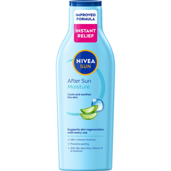 Nivea Sun After Sun Moisture 200ml beroligende fuktighetskrem i lyseblå flaske med illustrasjon av aloe vera.