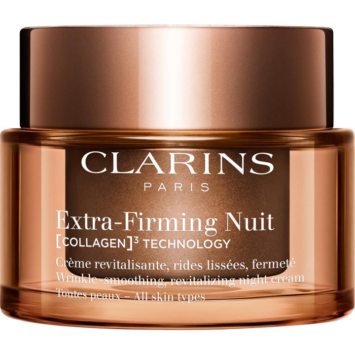 Clarins Extra-Firming Nuit 50 ml nattkrem som gir spenst i en elegant brun krukke med bronsefarget lokk