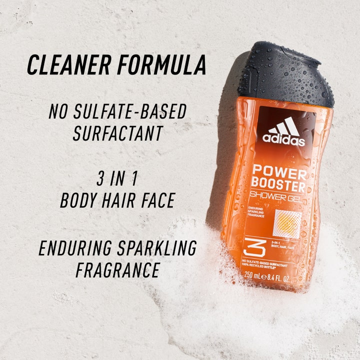 Adidas Adipower Booster 250 ml dusjsåpe i oransje flaske med skum og tekst om cleaner formula.