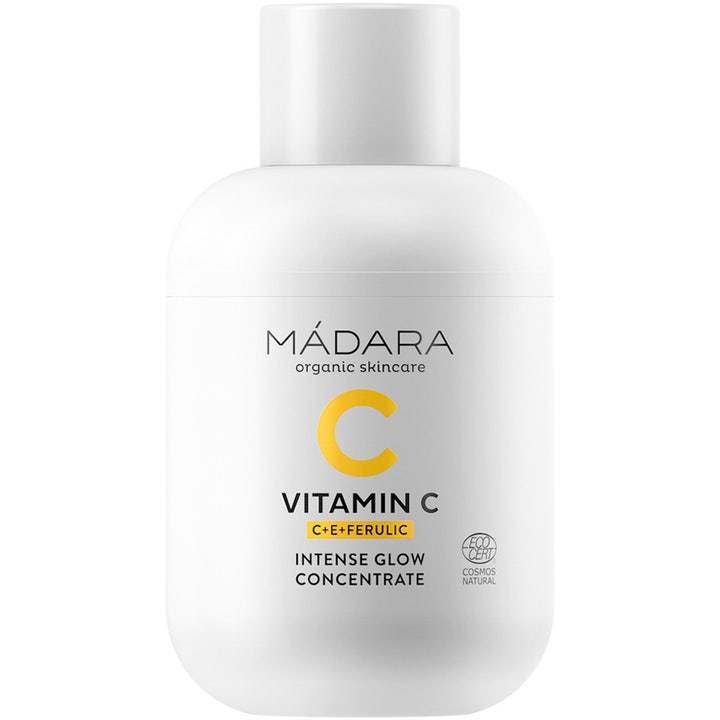 Mádara Vitamin C Intense Glow Concentrate ansiktsserum med ferulinsyre i hvit flaske som gir huden glød.