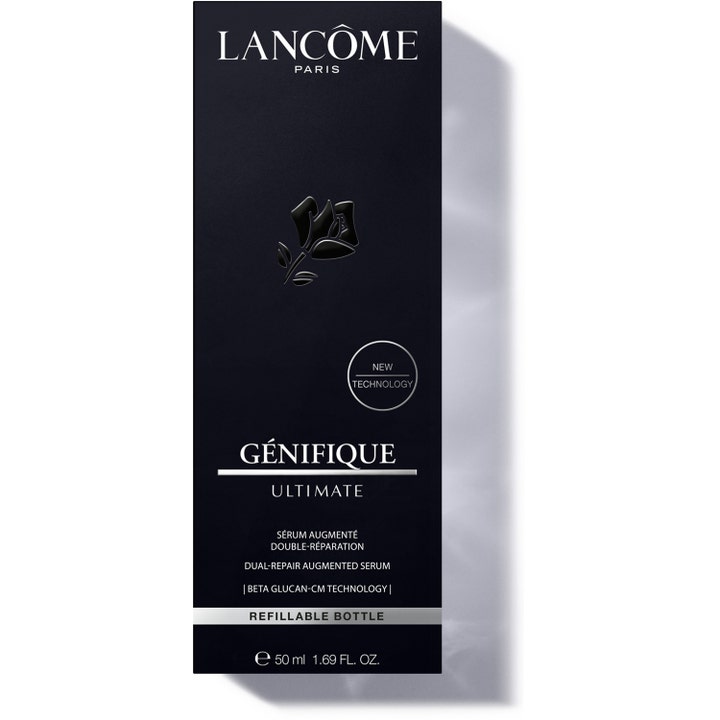 Lancôme Génifique Ultimate Serum 50 ml reparerende ansiktsserum i svart eske med sølvtekst og Beta Glucan-CM