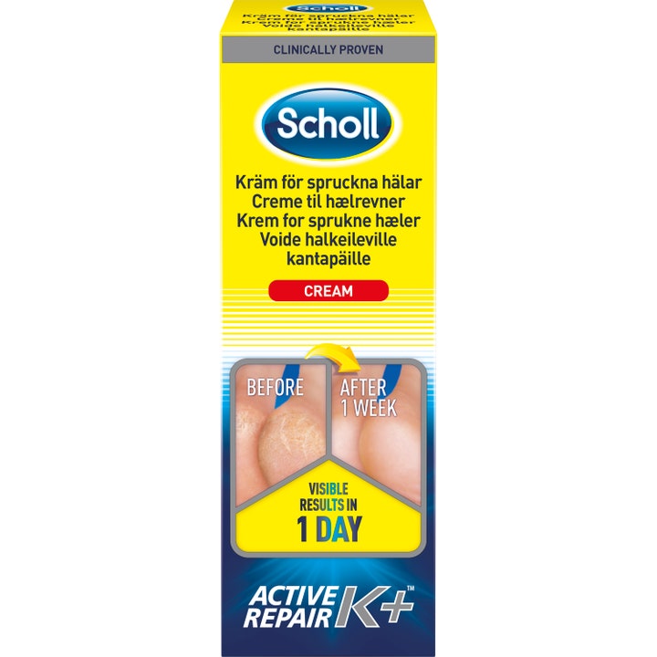 Scholl Active Repair K+ fotkrem mot sprukne hæler i gul og blå eske som viser før og etter resultater på huden