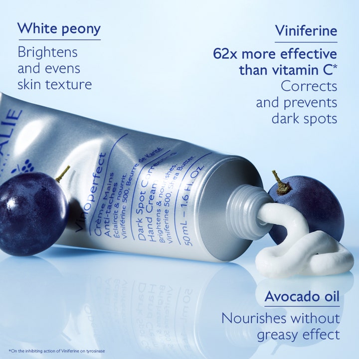 Caudalie Vinoperfect Hand Cream 50 ml i tube med hvit tekstur som motvirker mørke flekker med viniferine.