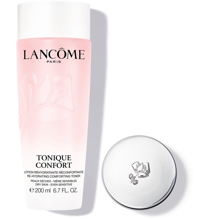 Lancôme Tonique Confort 200 ml fuktighetsgivende ansiktsvann i rosa frostet flaske med hvitt lokk og preget rose.