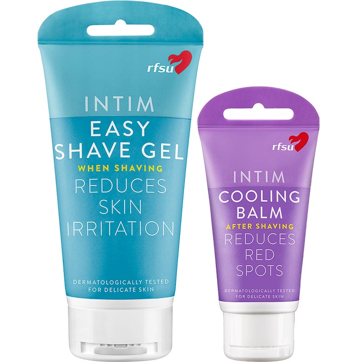 RFSU Intim Easy Shave Gel 150 ml og Cooling Balm 40 ml motvirker irritasjon i turkis og lilla tube med hvite lokk.