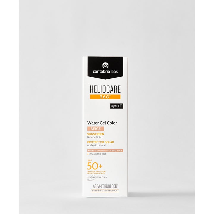 Heliocare Water Gel Color Beige 50 ml solkrem for ansiktet i hvit eske med SPF 50 og hyaluronsyre
