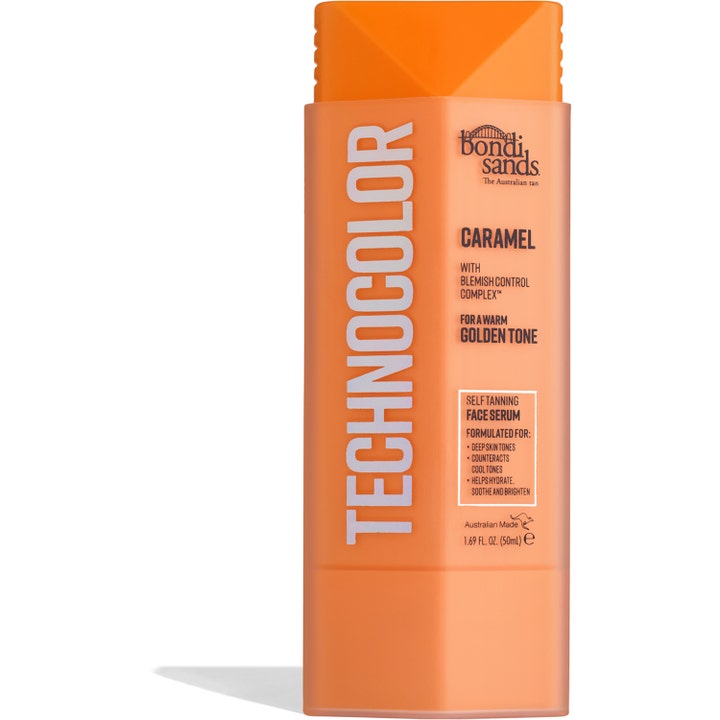 Bondi Sands Technocolor Caramel 50 ml selvbruningsserum gir en varm glød i oransje flaske med hvit tekst.