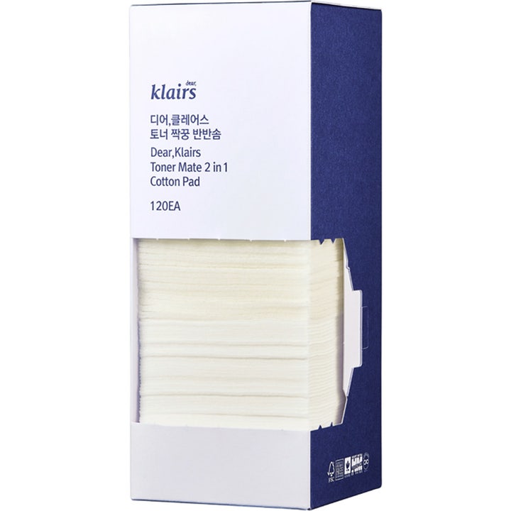 Klairs Toner Mate 2 in 1 Cotton Pad 120 stk ansiktsrens i hvit og blå eske med synlige bomullspads