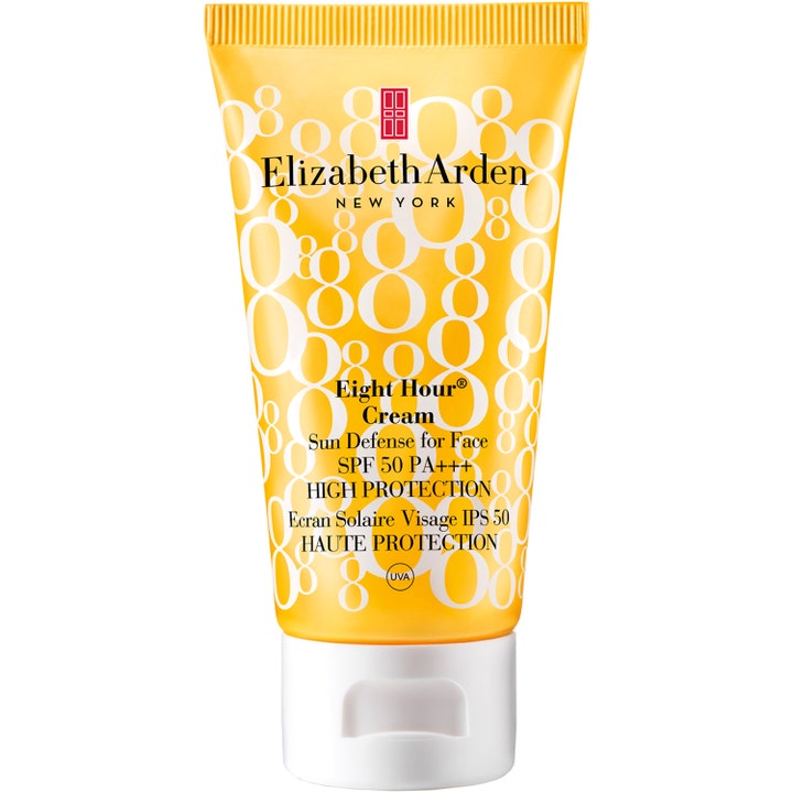 Elizabeth Arden Eight Hour Cream Sun Defense for Face SPF 50 solkrem gir høy beskyttelse i gul tube med hvite åttetall.