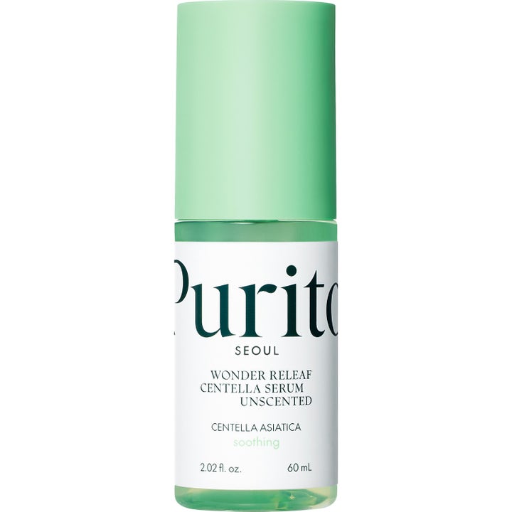 Purito Wonder Releaf Centella Serum Unscented 60 ml beroligende ansiktsserum i grønn flaske med pumpe.