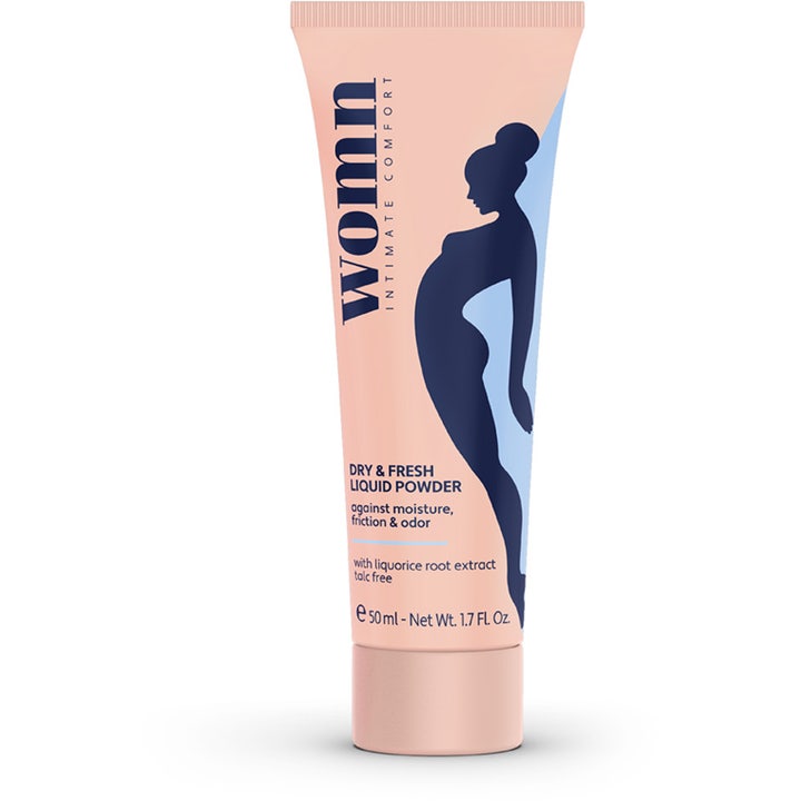 Womn Dry & Fresh Liquid Powder 50 ml intimpleie mot fukt og friksjon i ferskenfarget tube med blå kvinnesilhuett