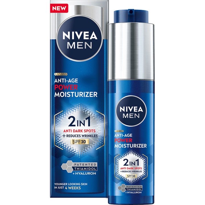 Nivea Men Anti-Age Power Moisturizer 50 ml ansiktsserum mot pigmentflekker i blå pumpeflaske med sølvdetaljer