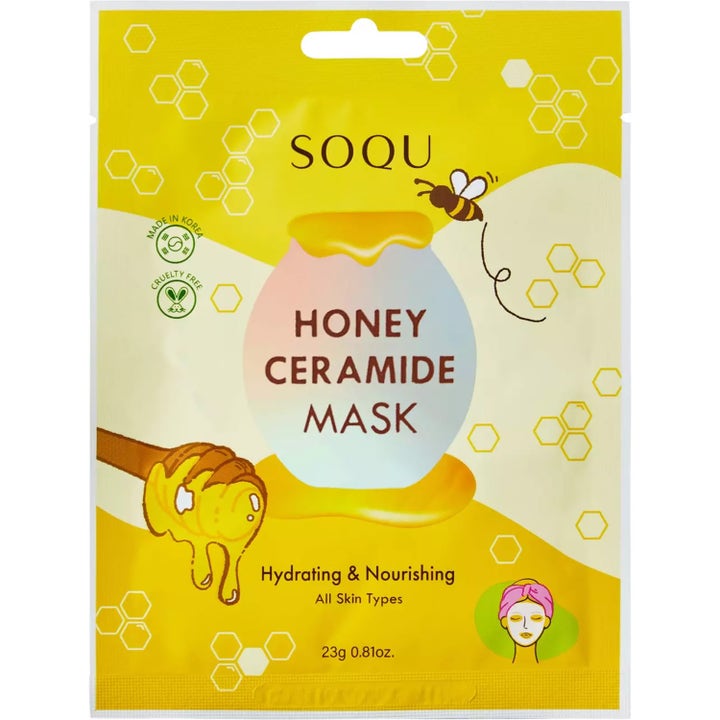 SOQU Honey Ceramide Mask 23g fuktighetsgivende ansiktsmaske i gul pose med honningkrukke og bie.