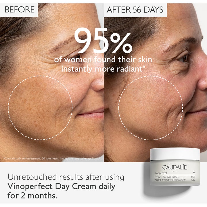 Caudalie Vinoperfect 50 ml dagkrem viser før og etter resultater med mer strålende hud etter 56 dager