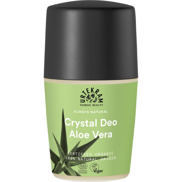 Urtekram Crystal Deo Aloe Vera 50 ml pleiende deodorant i beholder med grønn etikett og matt svart lokk.