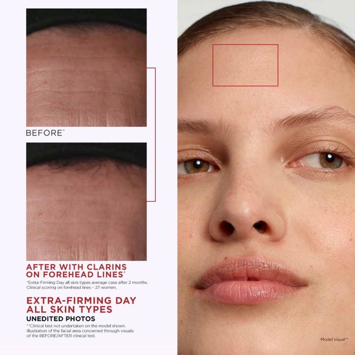 Clarins Extra-Firming Nuit 50 ml nattkrem før og etter bilder som viser utglattende effekt på rynker i pannen.