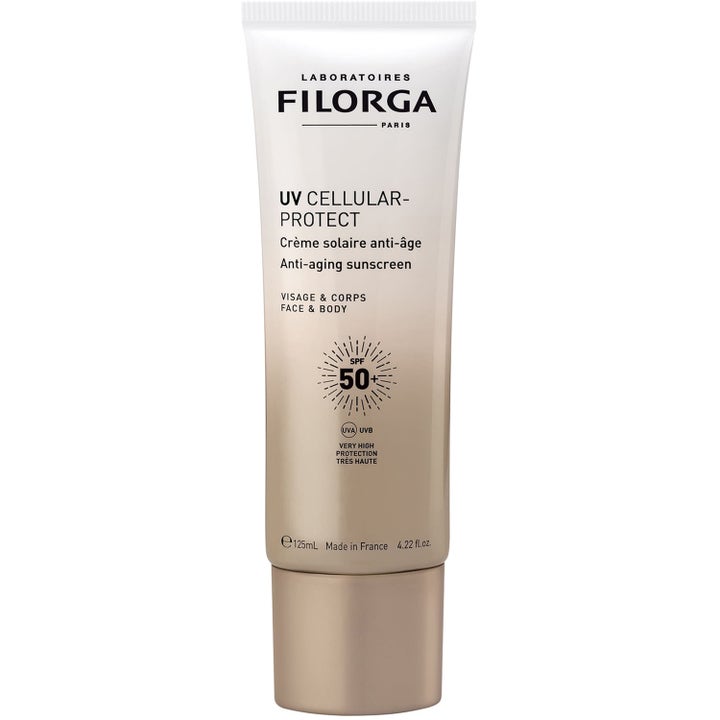 Filorga UV Cellular-Protect 125 ml anti-age solkrem som gir høy beskyttelse i hvit og beige tube med gullfarget kork
