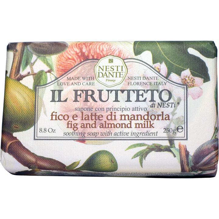 Nesti Dante Il Frutteto Fig and Almond Milk 250g beroligende såpestykke med fiken- og mandelillustrasjoner