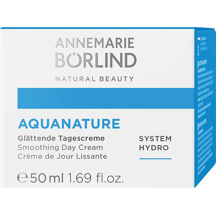Annemarie Börlind Aquanature Smoothing Day Cream 50 ml fuktighetsgivende dagkrem i hvit eske med blått bånd