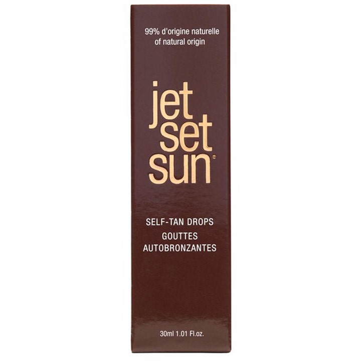 Jet Set Sun Selftan Drops 30 ml brun uten sol i mørkebrun eske med gullskrift og 99 prosent naturlig opprinnelse