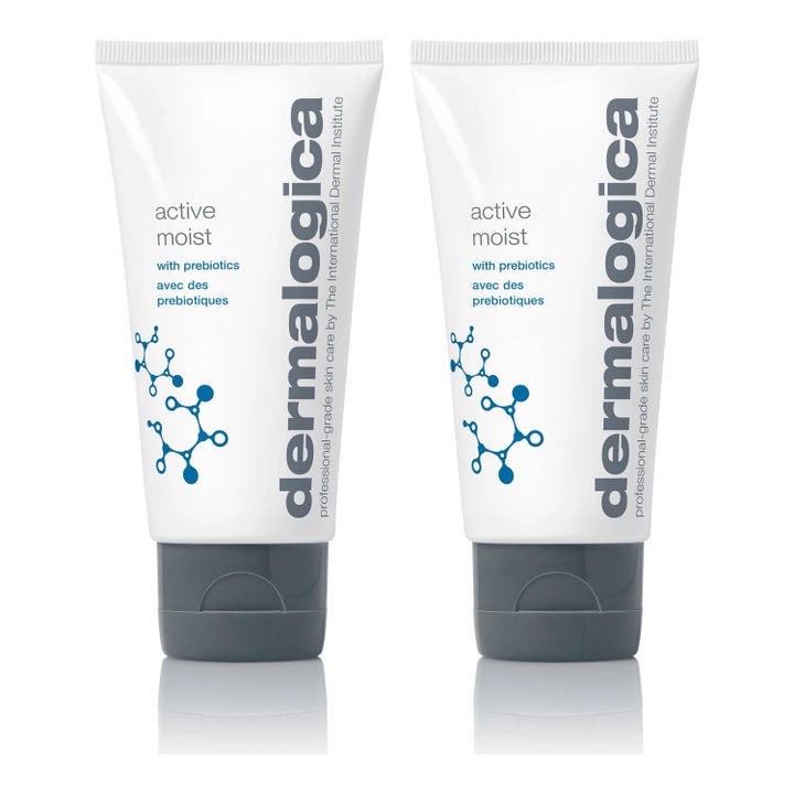 Dermalogica Active Moist fuktighetskrem med prebiotika i to hvite tuber med grått lokk som gir fuktighet