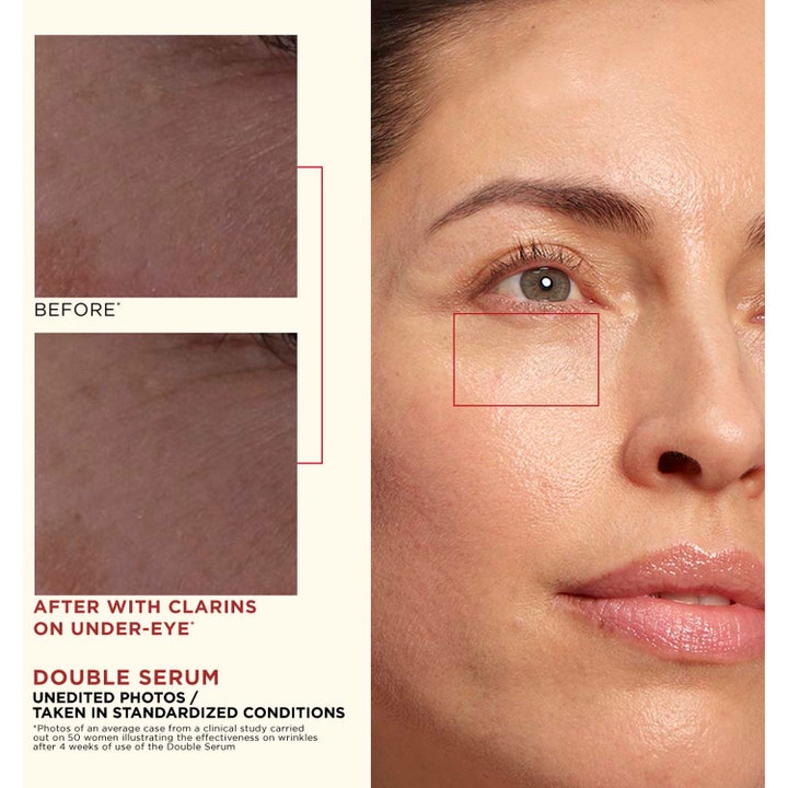Clarins Double Serum 50 ml anti-age hudpleie viser synlig resultat på rynker under øynene etter fire uker.