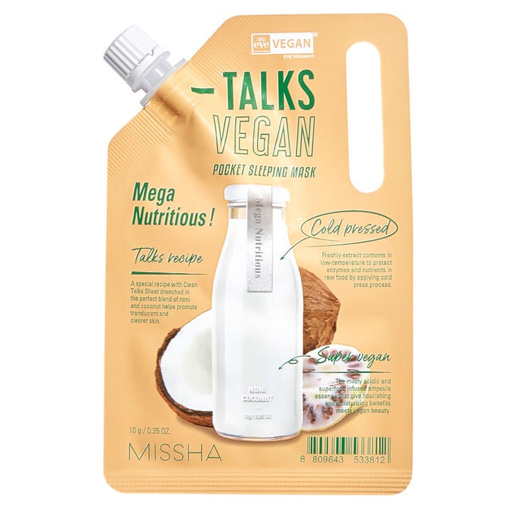 Missha Talks Vegan Sleeping Mask 10 g næringsgivende nattmaske i ferskenfarget pose med bilde av melkeflaske og kokosnøtt